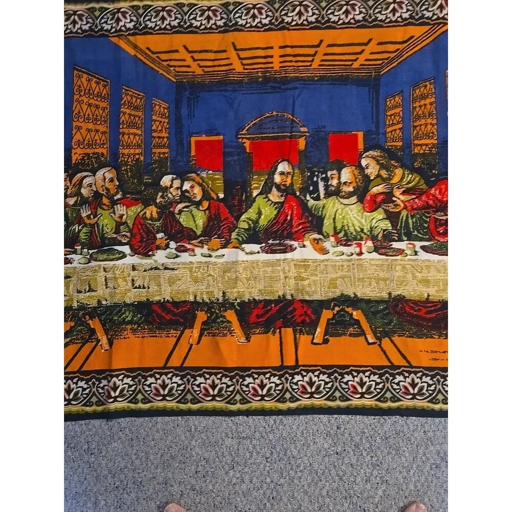 Vintage Tapestry Fabric Wall Hanging Sacred Heart Jesus Last Supper
